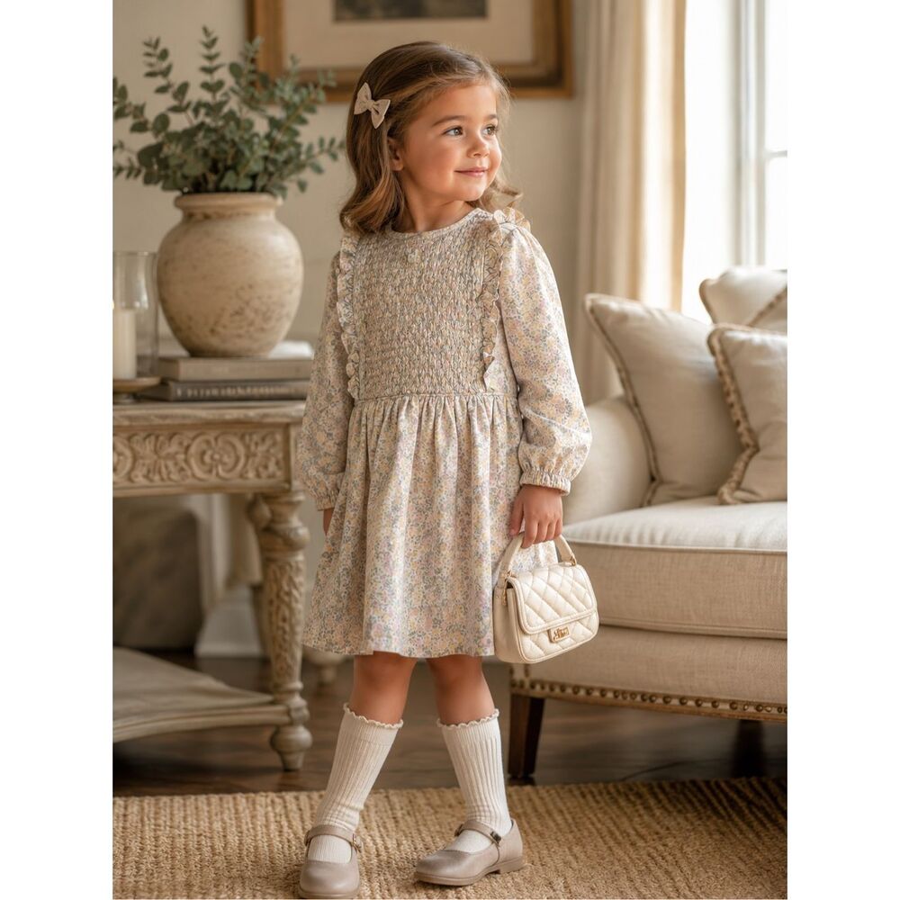 MINNOW Pastel Floral Smocked Dress Long Sleeve Ruffle Detail Cottagecore Sz 3/4T